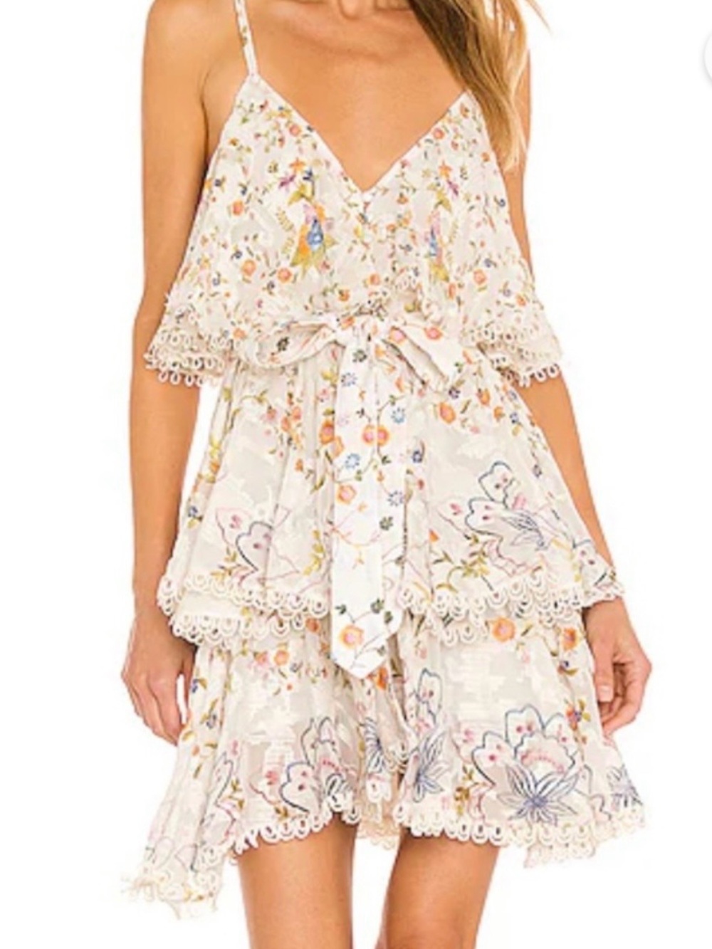 HEMANT & NANDITA Cream Floral Tiered Mini Dress